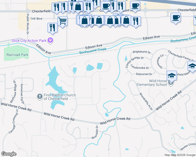 map of restaurants, bars, coffee shops, grocery stores, and more near 1217 Fienup Lake Drive in Chesterfield