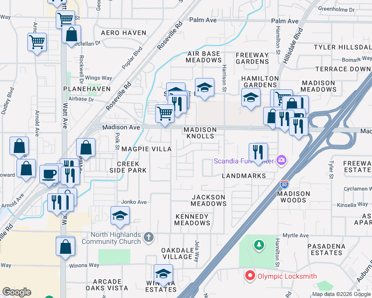 map of restaurants, bars, coffee shops, grocery stores, and more near 5040 Lamplighter Lane in North Highlands