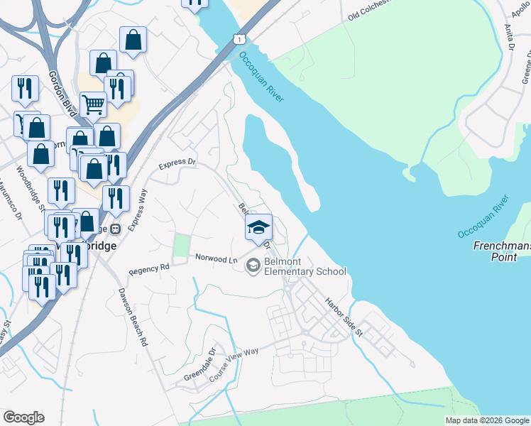 map of restaurants, bars, coffee shops, grocery stores, and more near 830 Belmont Bay Drive in Woodbridge