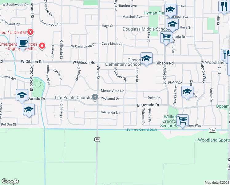 map of restaurants, bars, coffee shops, grocery stores, and more near 100 Monte Vista Drive in Woodland