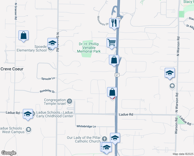 map of restaurants, bars, coffee shops, grocery stores, and more near 18 Country Fair Lane in Creve Coeur