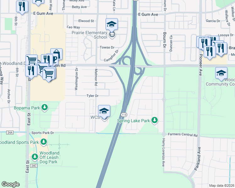 map of restaurants, bars, coffee shops, grocery stores, and more near 1459 Tyler Place in Woodland