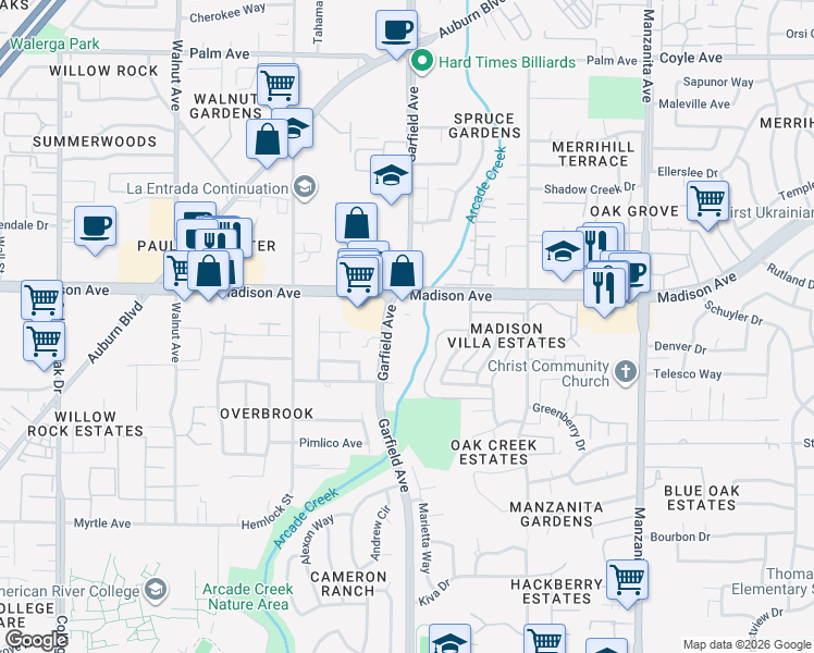 map of restaurants, bars, coffee shops, grocery stores, and more near 5100 Garfield Avenue in Sacramento