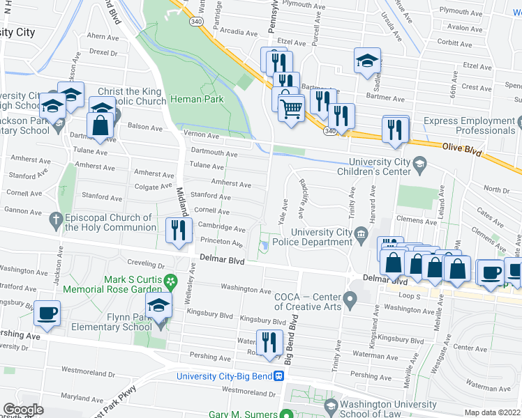 map of restaurants, bars, coffee shops, grocery stores, and more near 7001 Cornell Avenue in University City