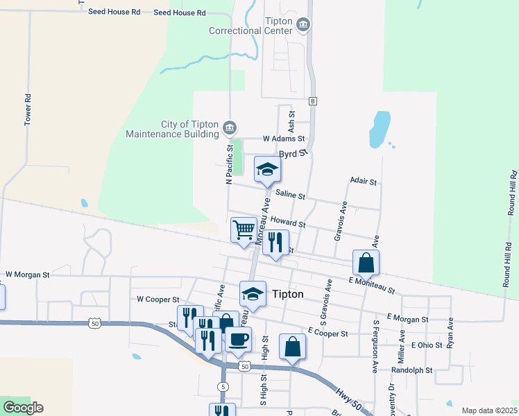 map of restaurants, bars, coffee shops, grocery stores, and more near 209 West Howard Street in Tipton