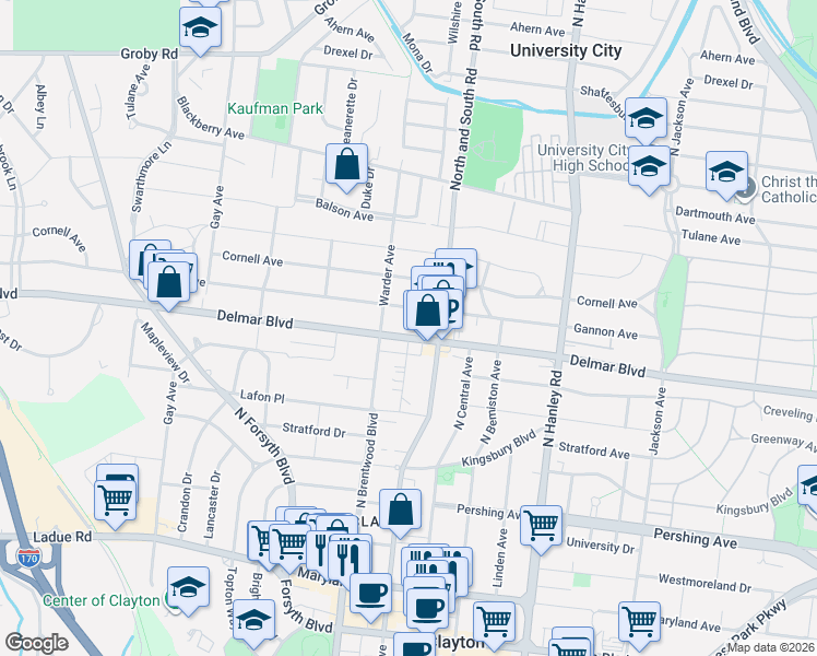 map of restaurants, bars, coffee shops, grocery stores, and more near 7737 Delmar Boulevard in University City