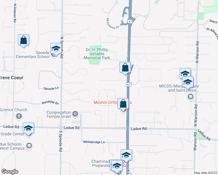 map of restaurants, bars, coffee shops, grocery stores, and more near 18 Country Fair Lane in Creve Coeur