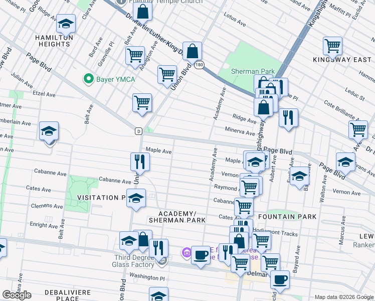 map of restaurants, bars, coffee shops, grocery stores, and more near 5168 Maple Avenue in St. Louis