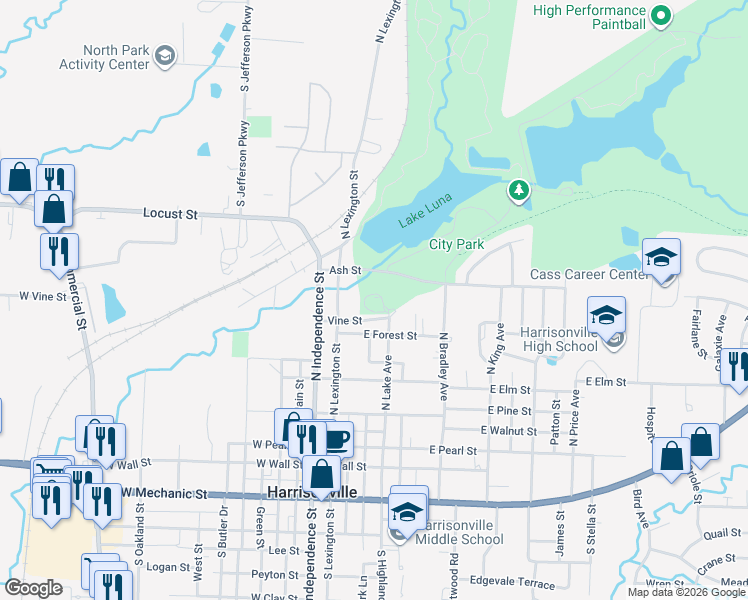 map of restaurants, bars, coffee shops, grocery stores, and more near 802 North Lake Avenue in Harrisonville
