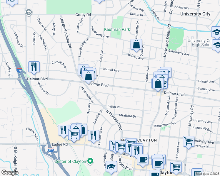 map of restaurants, bars, coffee shops, grocery stores, and more near 8008 Delmar Boulevard in University City