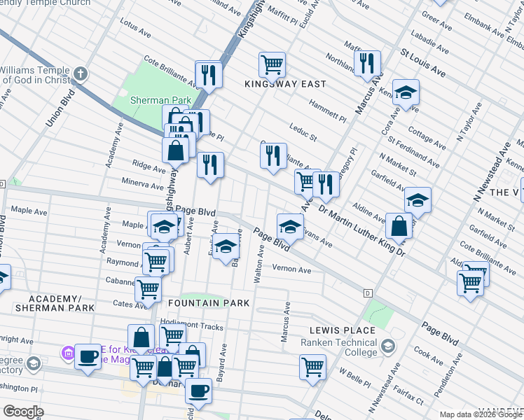 map of restaurants, bars, coffee shops, grocery stores, and more near 1337 Walton Avenue in St. Louis