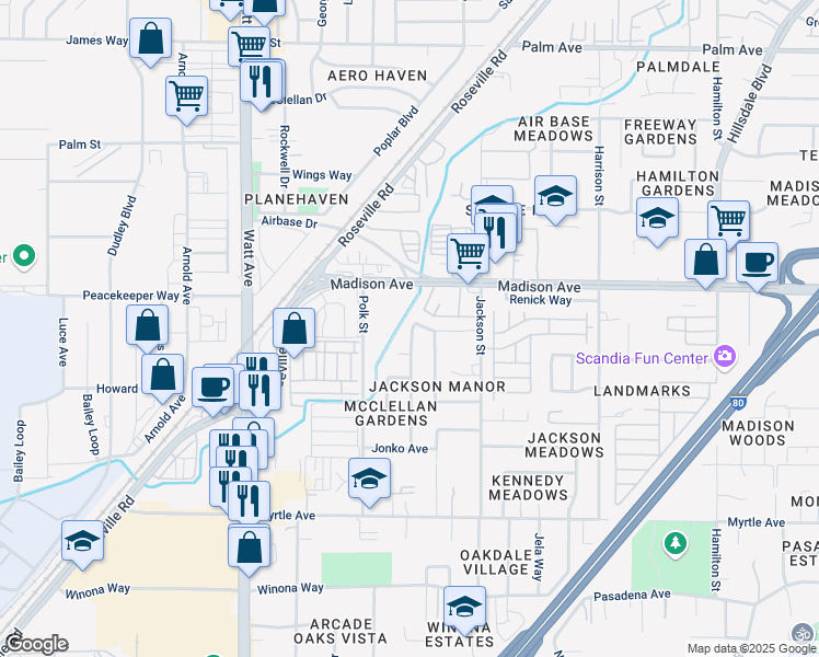 map of restaurants, bars, coffee shops, grocery stores, and more near 5057 Shell Street in North Highlands