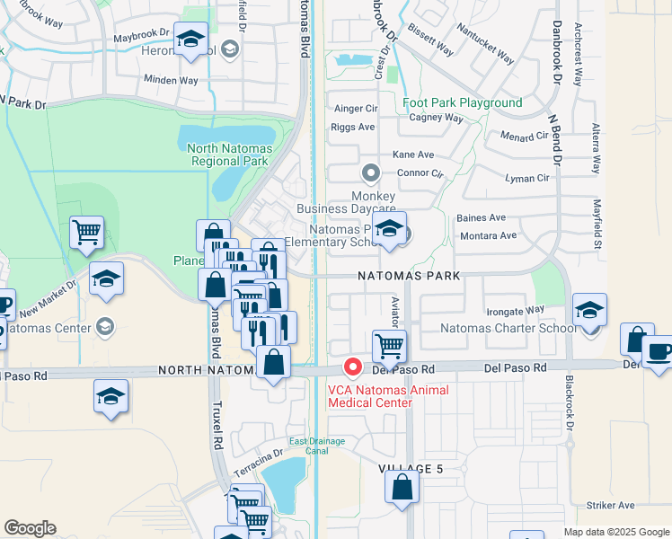 map of restaurants, bars, coffee shops, grocery stores, and more near 2050 North Bend Drive in Sacramento