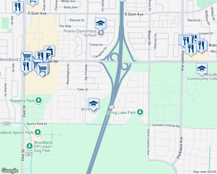 map of restaurants, bars, coffee shops, grocery stores, and more near 1459 Tyler Place in Woodland