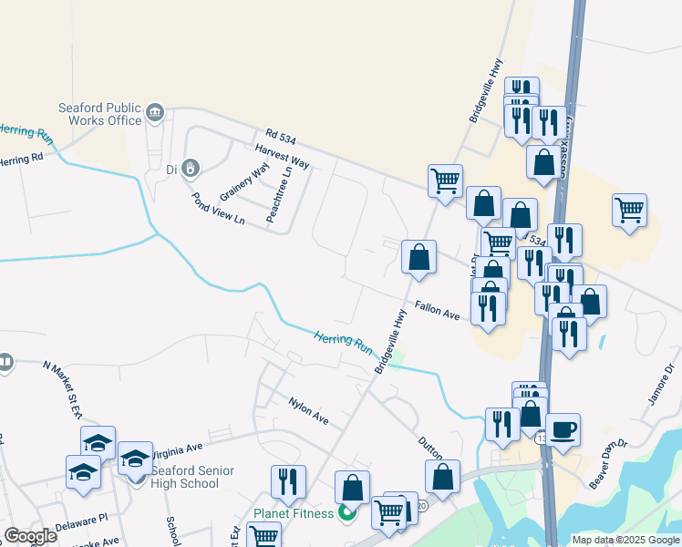 map of restaurants, bars, coffee shops, grocery stores, and more near 502 Health Services Drive in Seaford