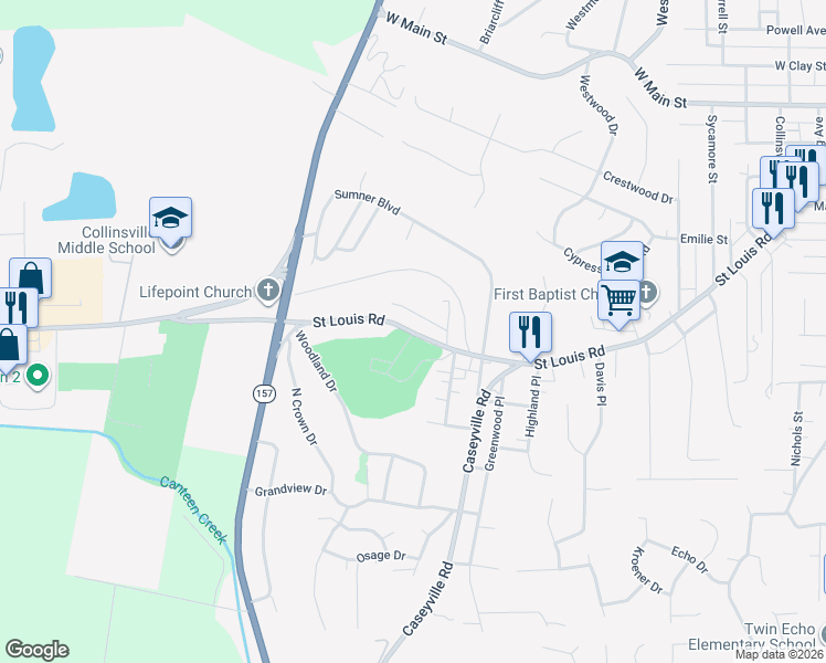 map of restaurants, bars, coffee shops, grocery stores, and more near 28 Saint Louis Road in Collinsville