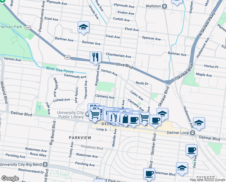 map of restaurants, bars, coffee shops, grocery stores, and more near 6609 Clemens Avenue in University City