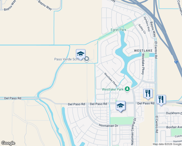 map of restaurants, bars, coffee shops, grocery stores, and more near 3883 Del Paso Road in Sacramento