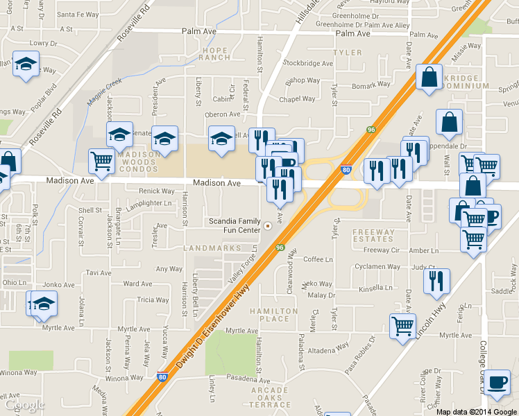 map of restaurants, bars, coffee shops, grocery stores, and more near 5119 Hillsdale Boulevard in Sacramento