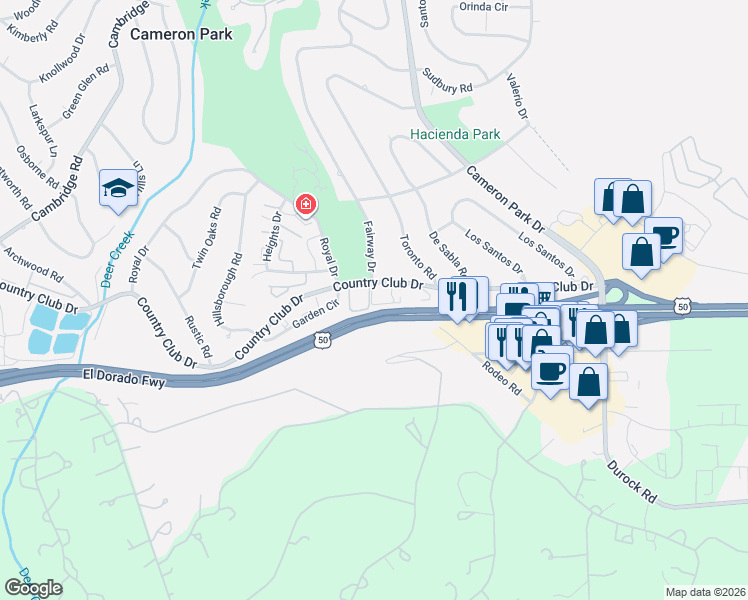 map of restaurants, bars, coffee shops, grocery stores, and more near 3958 Lancelot Court in Cameron Park