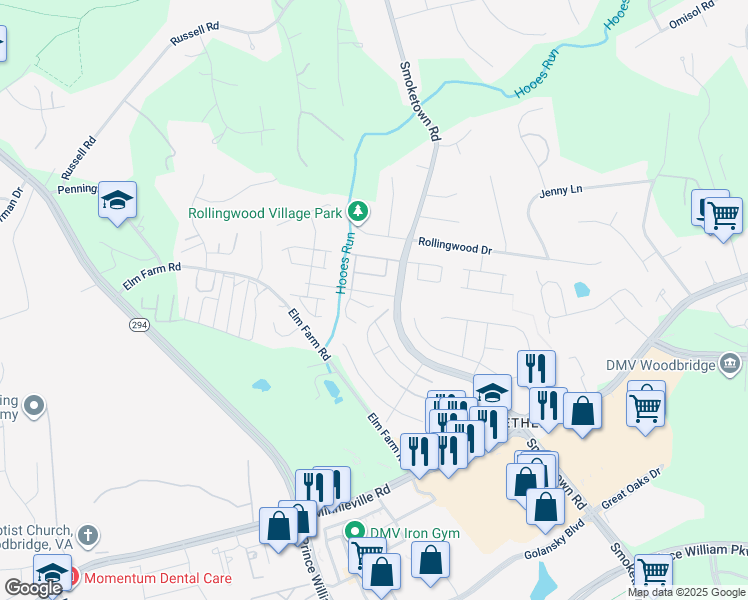 map of restaurants, bars, coffee shops, grocery stores, and more near 3408 Tendril Court in Woodbridge