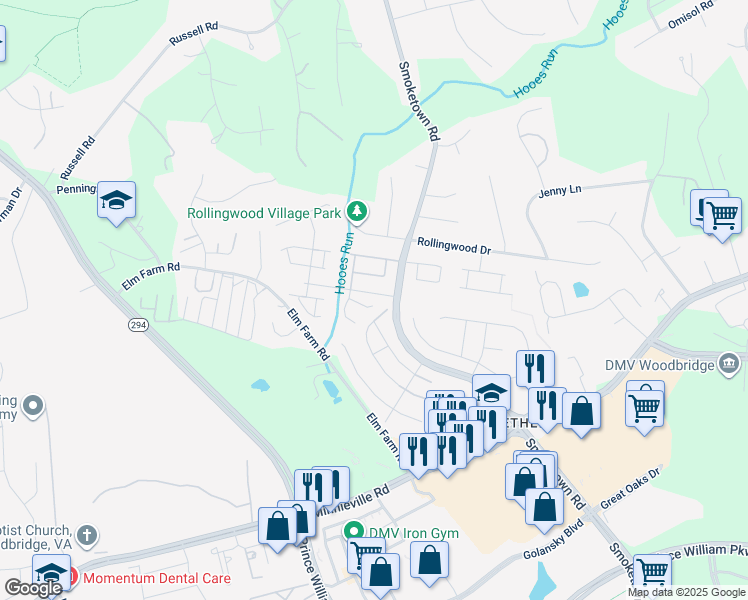 map of restaurants, bars, coffee shops, grocery stores, and more near 3408 Tendril Court in Woodbridge