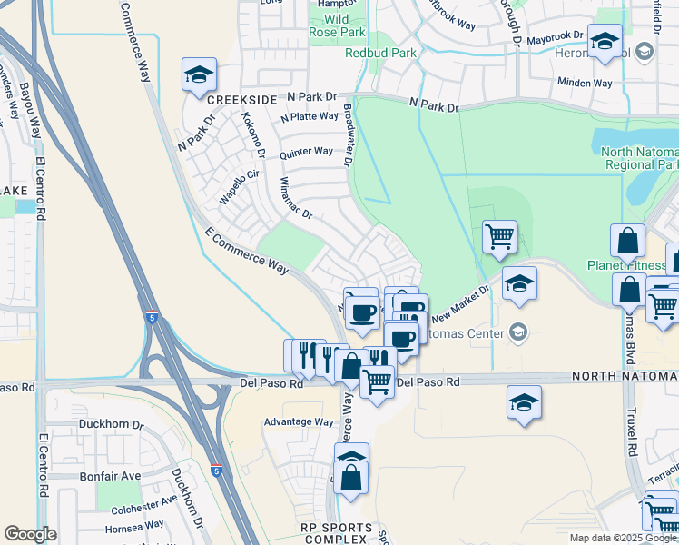 map of restaurants, bars, coffee shops, grocery stores, and more near 4851 Kokomo Drive in Sacramento