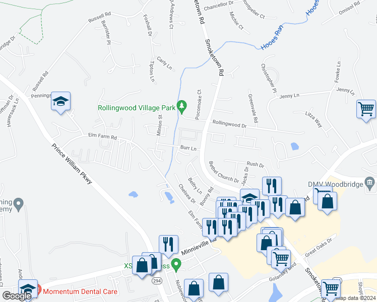 map of restaurants, bars, coffee shops, grocery stores, and more near 3412 Tendril Court in Woodbridge