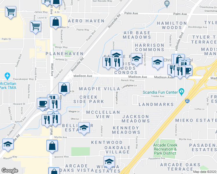 map of restaurants, bars, coffee shops, grocery stores, and more near 5101 Jackson Street in North Highlands