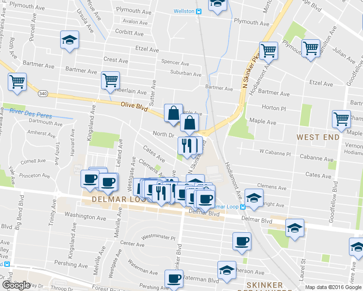 map of restaurants, bars, coffee shops, grocery stores, and more near 840 Eastgate Avenue in University City