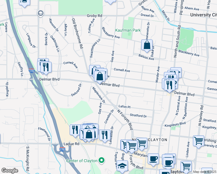 map of restaurants, bars, coffee shops, grocery stores, and more near 8049 Teasdale Avenue in University City