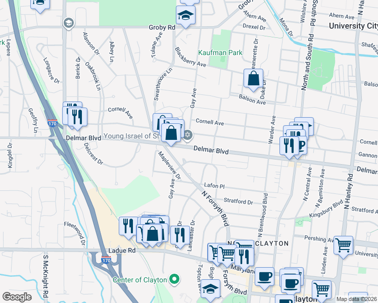map of restaurants, bars, coffee shops, grocery stores, and more near 8049 Teasdale Avenue in University City