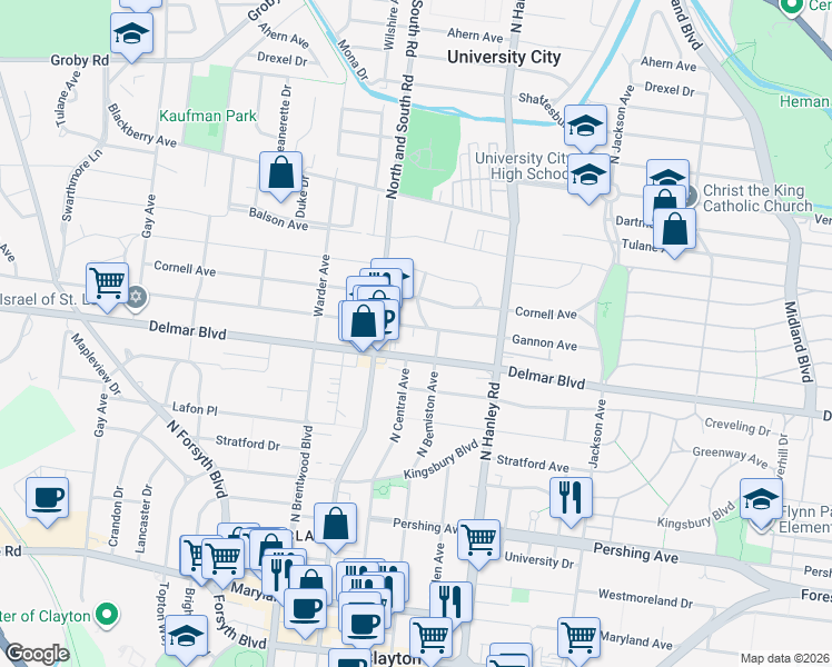 map of restaurants, bars, coffee shops, grocery stores, and more near 7623 Delmar Boulevard in University City