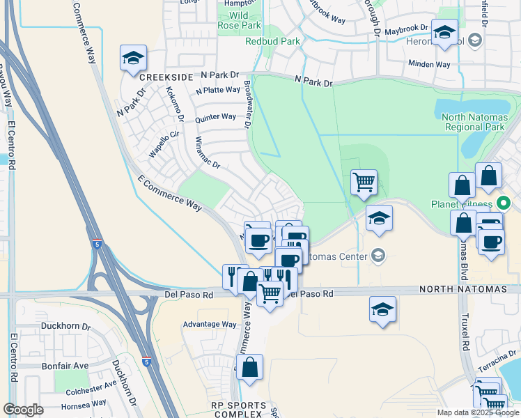map of restaurants, bars, coffee shops, grocery stores, and more near 2811 New Market Drive in Sacramento