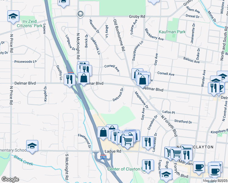 map of restaurants, bars, coffee shops, grocery stores, and more near 8300 Delmar Boulevard in St. Louis