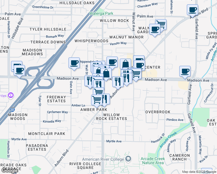 map of restaurants, bars, coffee shops, grocery stores, and more near 4909 Auburn Boulevard in Sacramento
