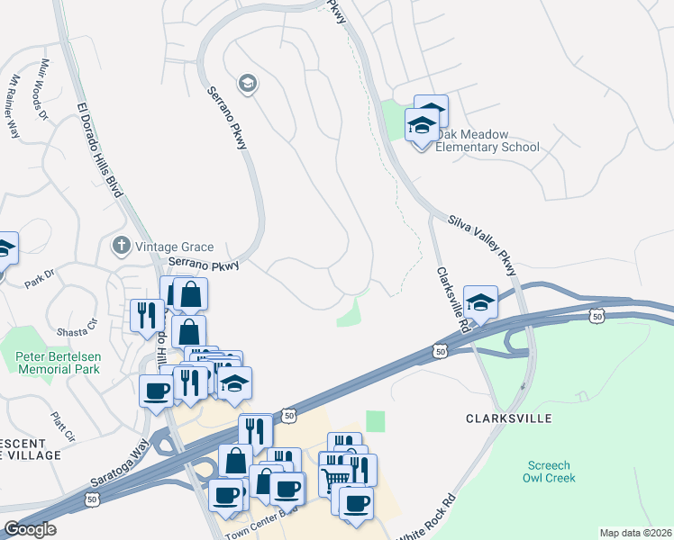 map of restaurants, bars, coffee shops, grocery stores, and more near 5312 Mertola Drive in El Dorado Hills