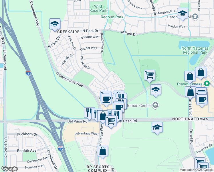 map of restaurants, bars, coffee shops, grocery stores, and more near 4800 Kokomo Drive in Sacramento