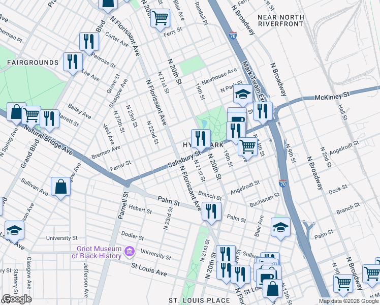 map of restaurants, bars, coffee shops, grocery stores, and more near 2101 Salisbury Street in St. Louis