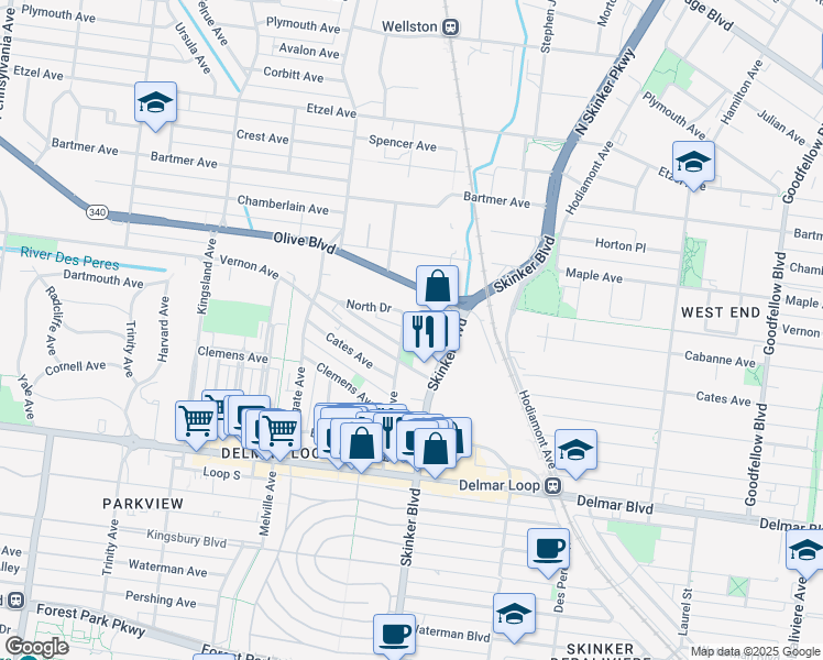 map of restaurants, bars, coffee shops, grocery stores, and more near 908 Eastgate Avenue in St. Louis