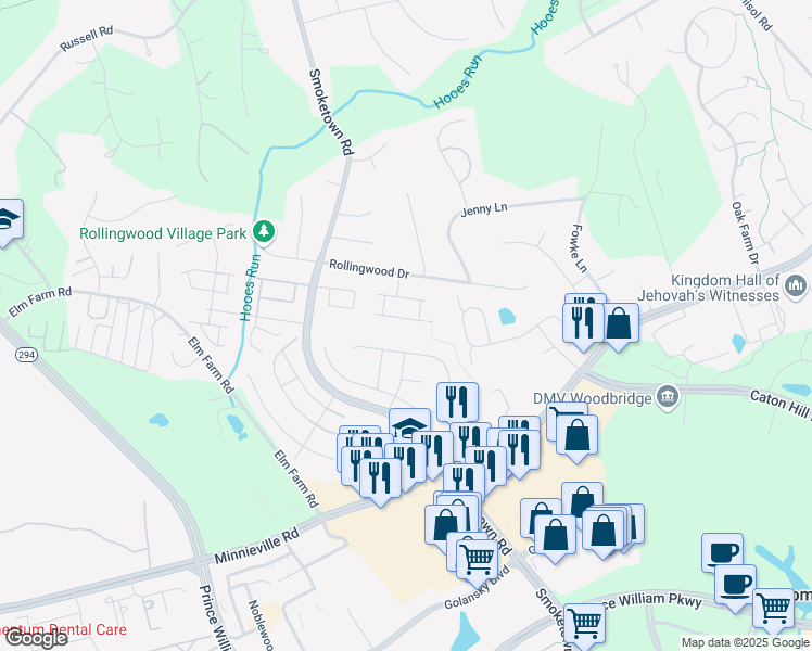 map of restaurants, bars, coffee shops, grocery stores, and more near 13564 Bentley Circle in Woodbridge