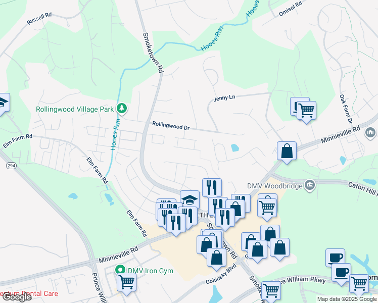 map of restaurants, bars, coffee shops, grocery stores, and more near 13564 Bentley Circle in Woodbridge