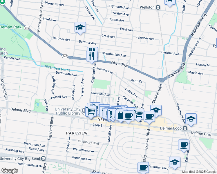 map of restaurants, bars, coffee shops, grocery stores, and more near 821 Leland Avenue in University City