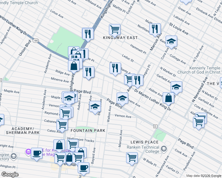 map of restaurants, bars, coffee shops, grocery stores, and more near 1325 Walton Avenue in St. Louis