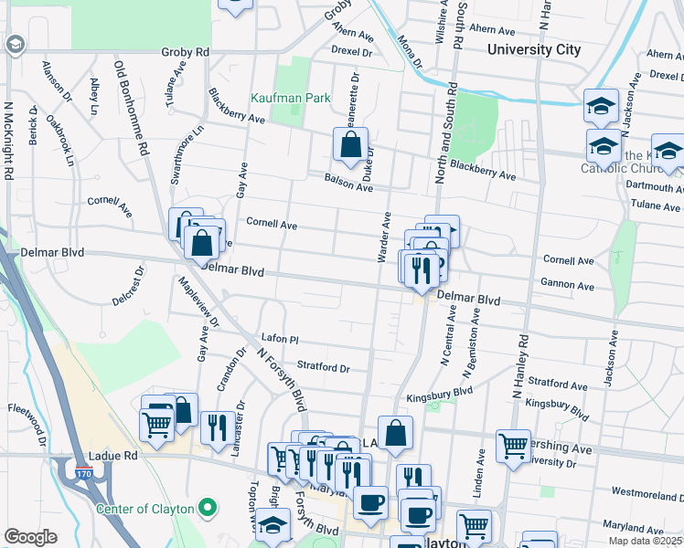 map of restaurants, bars, coffee shops, grocery stores, and more near 7908 Delmar Boulevard in University City