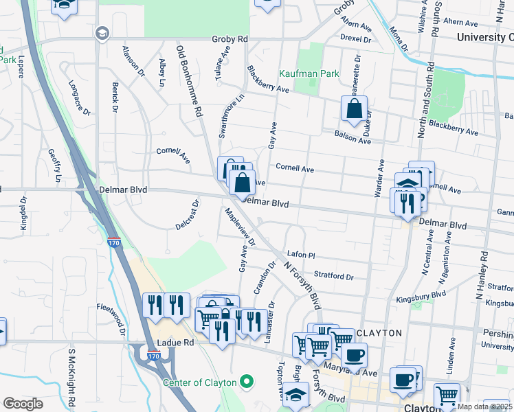 map of restaurants, bars, coffee shops, grocery stores, and more near 8049 Teasdale Avenue in University City