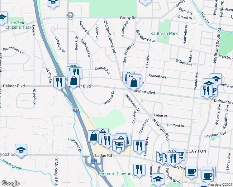 map of restaurants, bars, coffee shops, grocery stores, and more near 8320 Delcrest Drive in St. Louis