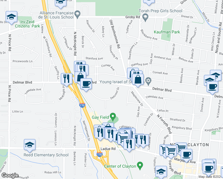 map of restaurants, bars, coffee shops, grocery stores, and more near 8331 Delcrest Drive in St. Louis