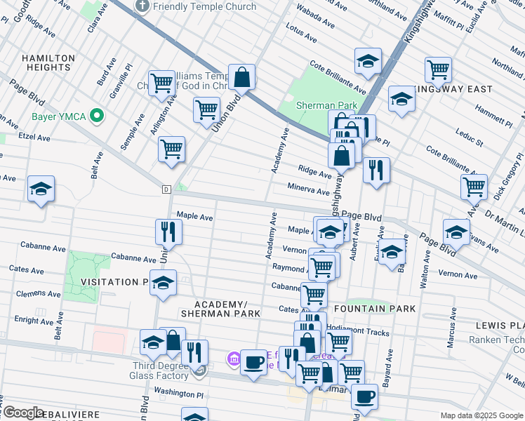 map of restaurants, bars, coffee shops, grocery stores, and more near 5129 Maple Avenue in St. Louis