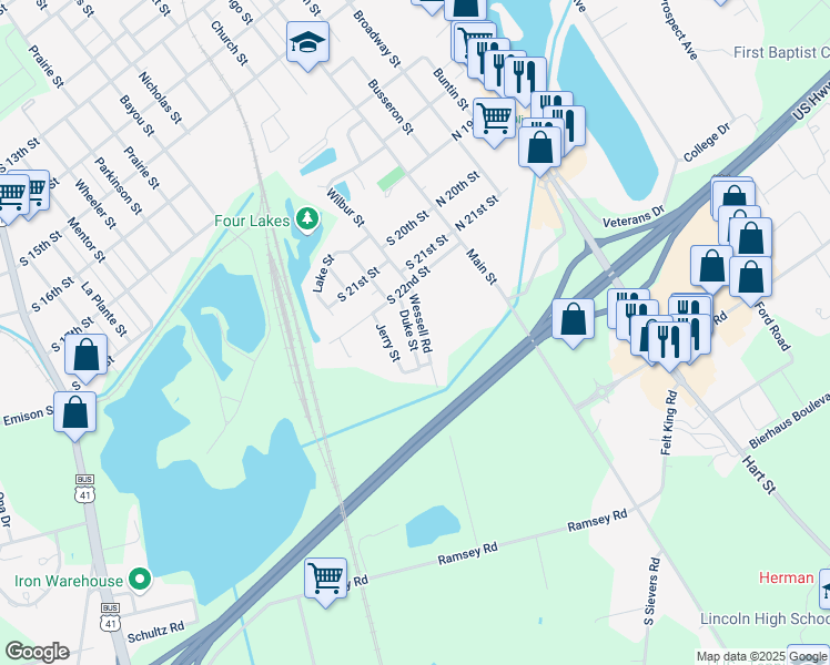map of restaurants, bars, coffee shops, grocery stores, and more near 2310 Jerry Street in Vincennes